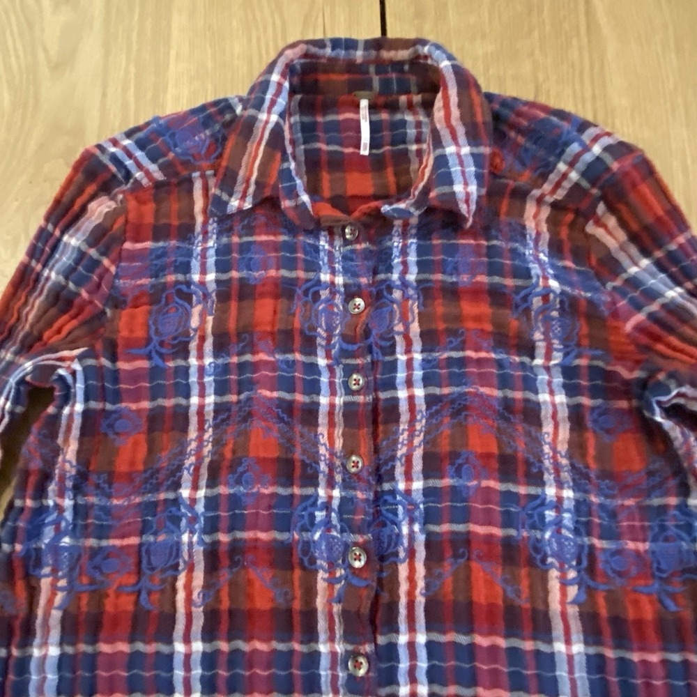Free People Magical Plaid Top Womens Casual Button down Shirt Blouse XS Red Blue